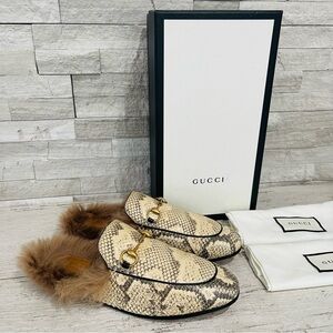 Gucci Princetown Python Fur Slipper EU 38 US 8 Horsebit Mule Loafer Flats Beige